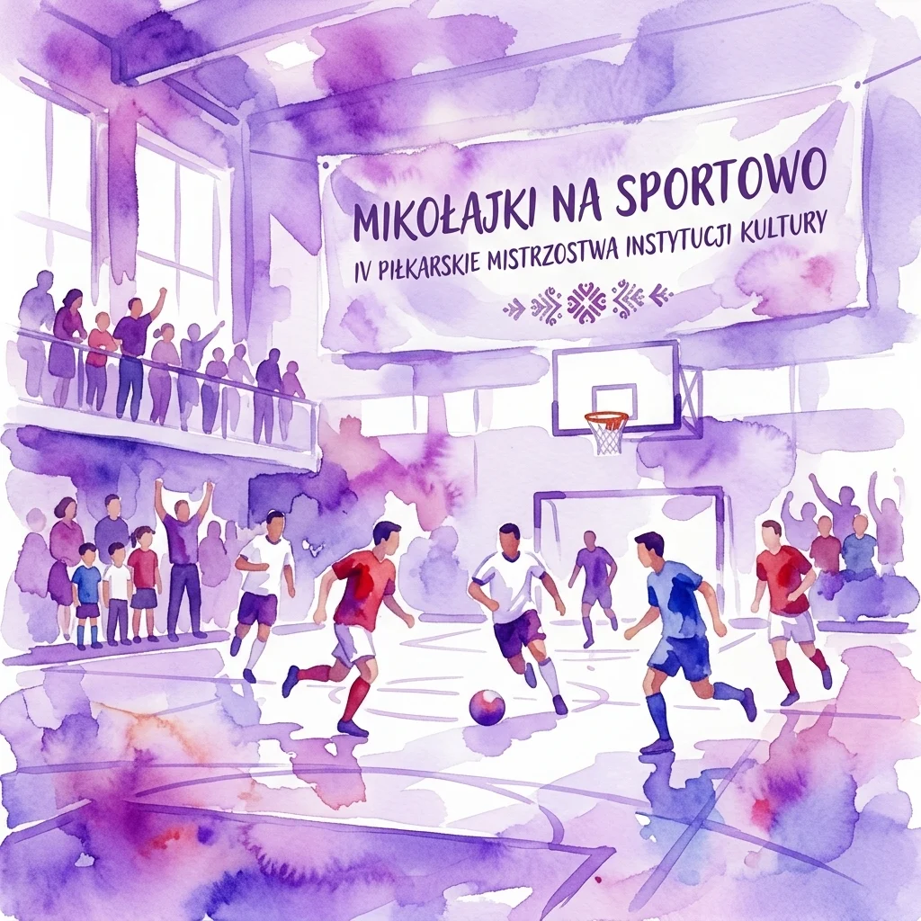 Waterverfillustratie van een voetbaltoernooi voor culturele instellingen, met spelers in actie op een indoorveld en toeschouwters die vanaf de zijlijn toekijken onder een spandoek met de tekst 'Mikołajki na Sportowo: IV Piłkarskie Mistrzostwa Instytucji Kultury'.
