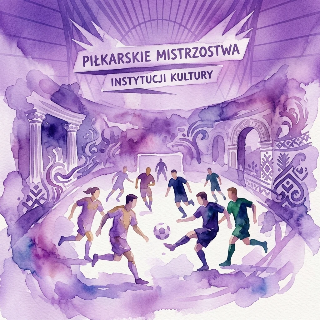 Ilustración en acuarela de un partido de fútbol en un recinto cultural, con jugadores compitiendo bajo una pancarta que dice 'Piłkarskie Mistrzostwa Instytucji Kultury' (Campeonatos de Fútbol de Instituciones Culturales).