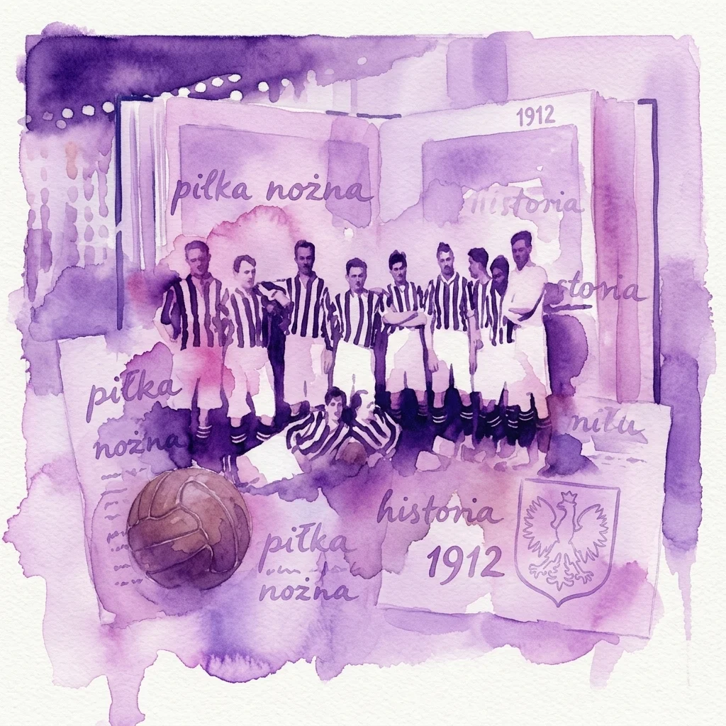 Watercolor illustration of early Polish football players in striped jerseys, surrounded by historical documents and a vintage ball, referencing the exhibition 'Piłkarstwo polskie w zaborach 1886-1918' and the year 1912.