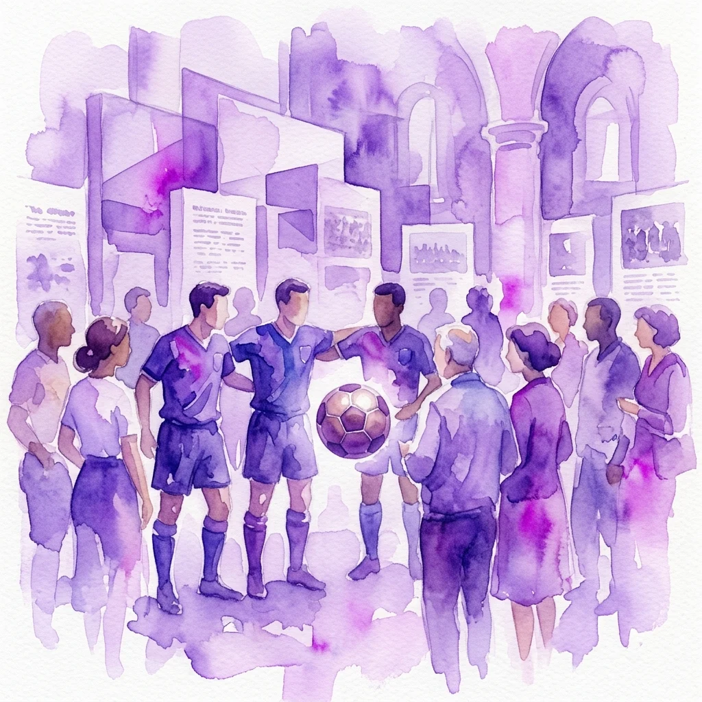 Waterverfillustratie van een historische tentoonstelling over Warschause voetballers van voor de oorlog, met diverse spelers in vintage tenues rond een voetbal, en vitrines op de achtergrond.