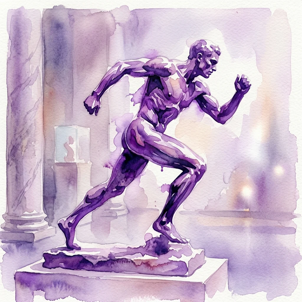 Fioletowa ilustracja akwarelowa dynamicznej rzeźby przedstawiającej męskiego sportowca w trakcie biegu, reprezentująca wystawę Piotra Ożerskiego 'Rzeźba Sportowa' w Muzeum Sportu.