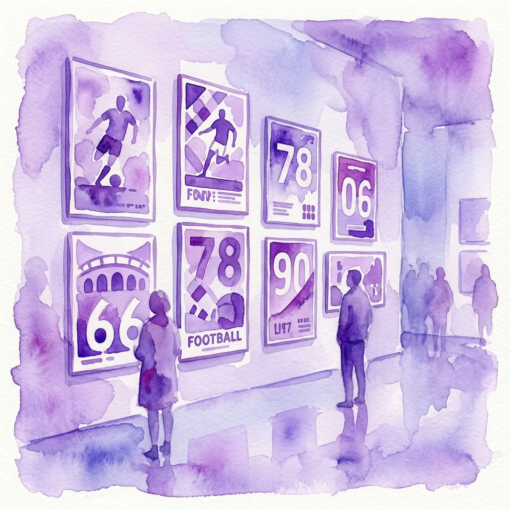 Ilustración en acuarela de una galería de museo que presenta una colección de carteles vintage de fútbol del Museo de Deporte y Turismo de Varsovia, con visitantes observando la exhibición.