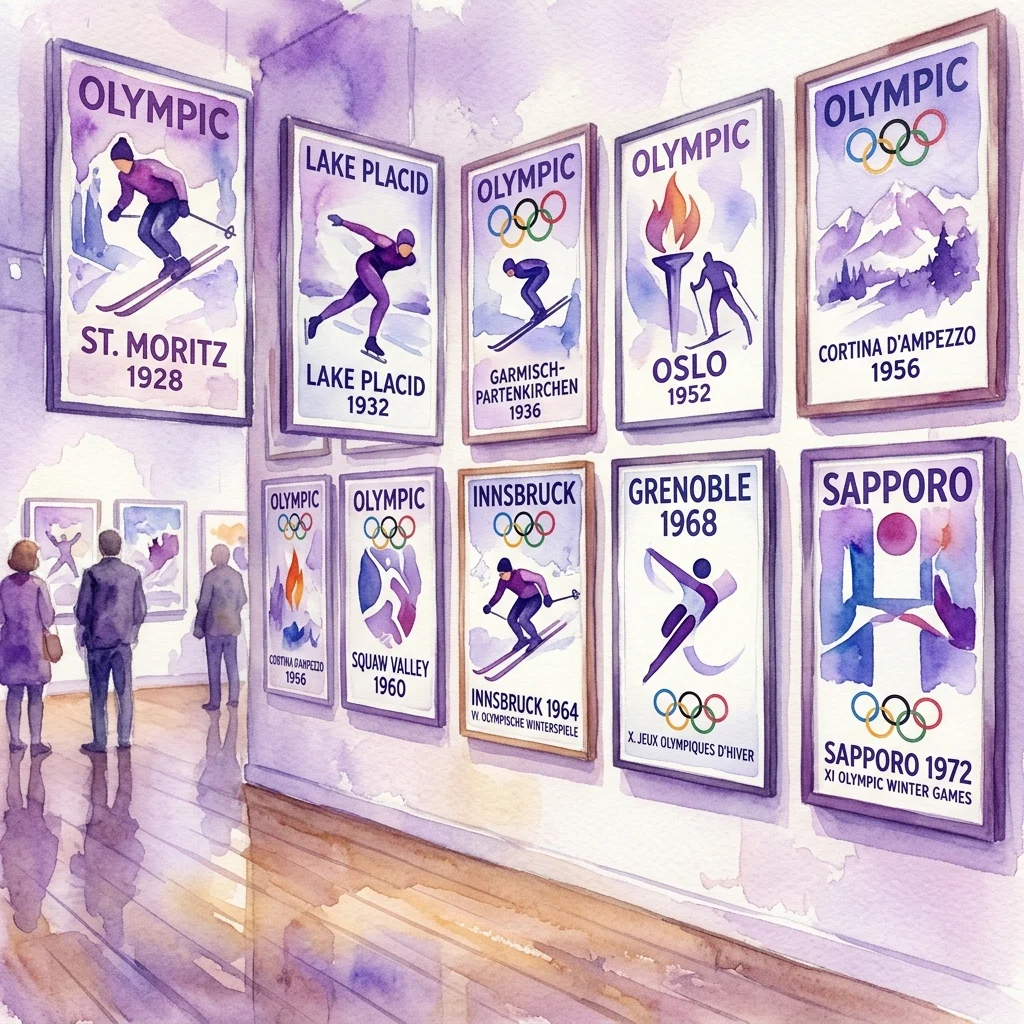 Waterverfillustratie van een museumgalerij met vintage Olympische posters van winterspelen, waaronder St. Moritz 1928, Lake Placid 1932, Oslo 1952 en Sapporo 1972.