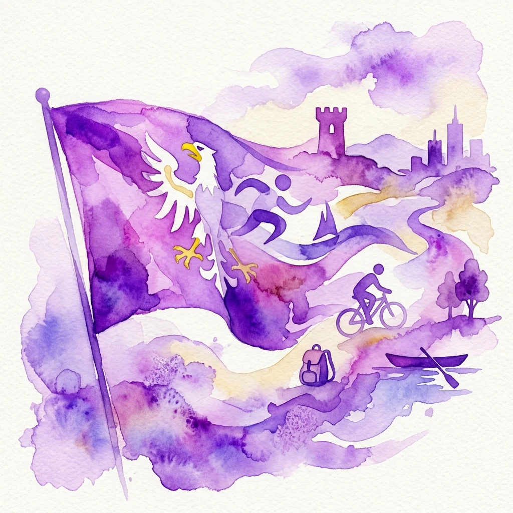 Watercolor illustration of the Mazovia flag with a white eagle, featuring silhouettes of a runner, cyclist, and canoeist against a purple and yellow landscape.