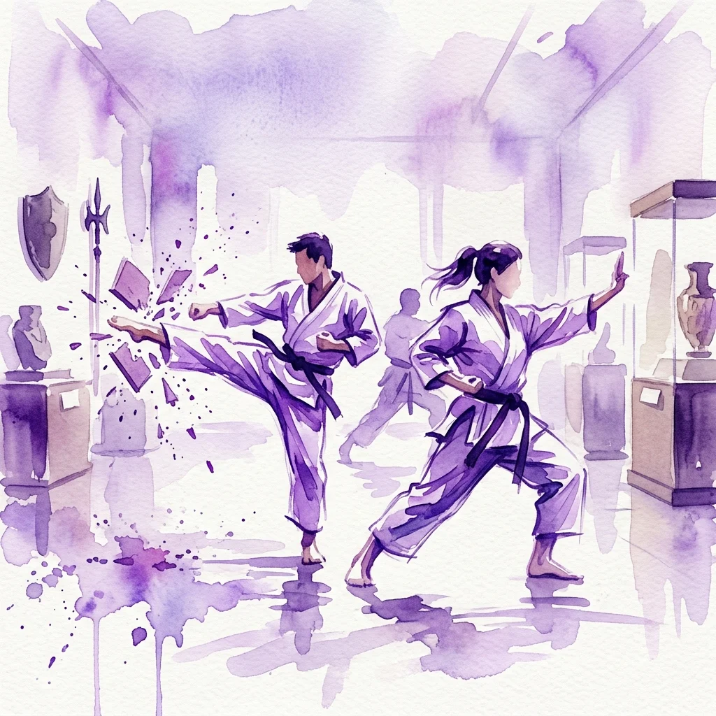 Watercolor illustration of martial artists performing karate in a museum gallery, with historical sports artifacts in display cases, representing the Museum Night 2019 event.