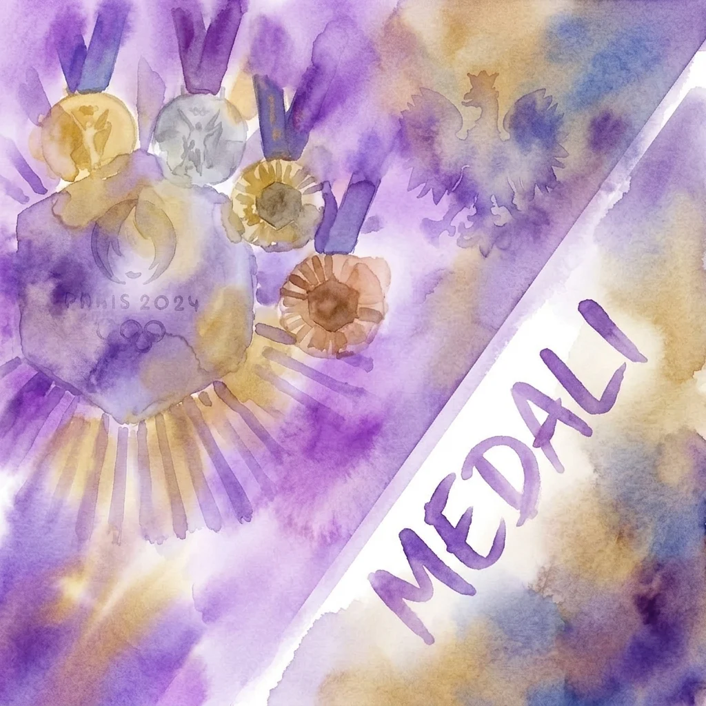 Watercolor illustration of Polish sports medals, including a Paris 2024 gold medal, with the word 'MEDALI' and a Polish eagle emblem, commemorating 50 years of Polish volleyball achievements.
