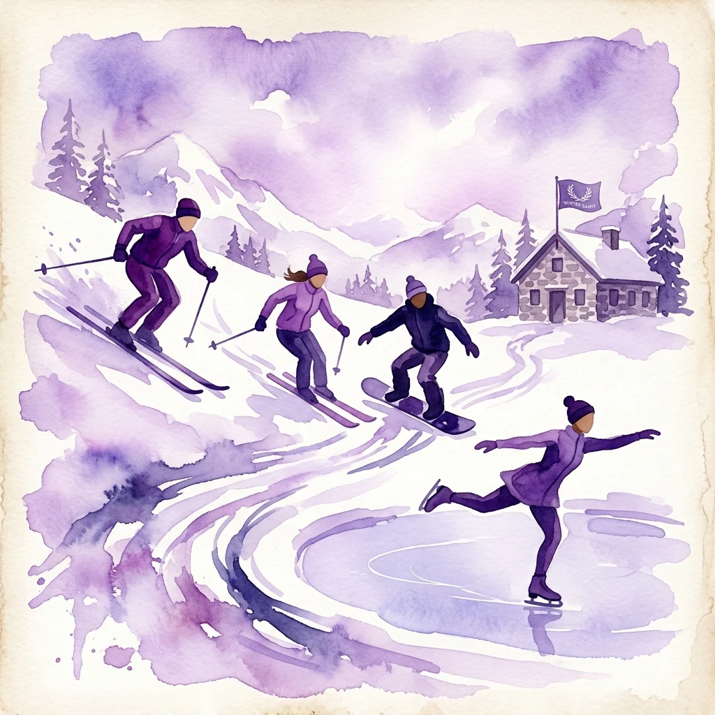 Watercolor illustration of winter sports athletes skiing, snowboarding, and ice skating in a snowy mountain landscape with a building flying a 'Winter Games' flag.