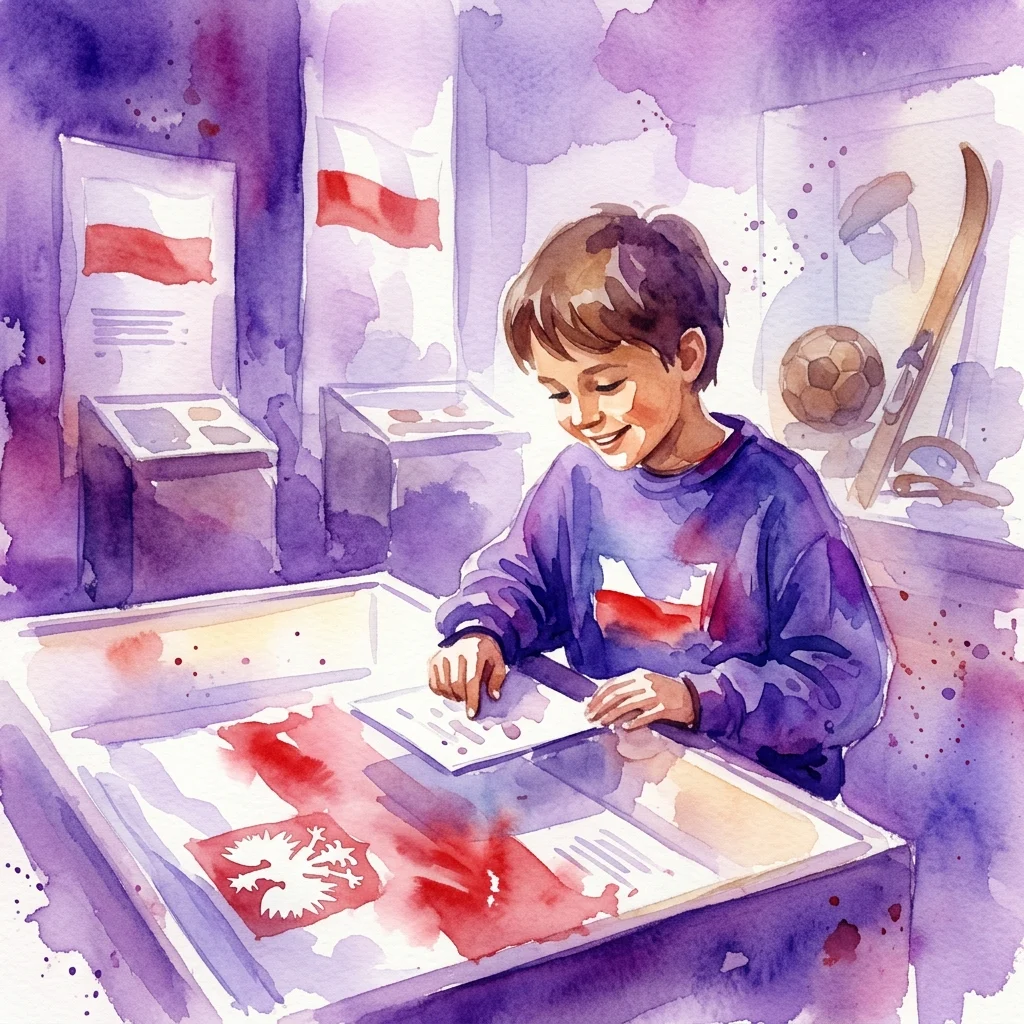 A young boy in a museum exhibit learning about Polish national symbols, including the white eagle and flag, with sports memorabilia in the background.