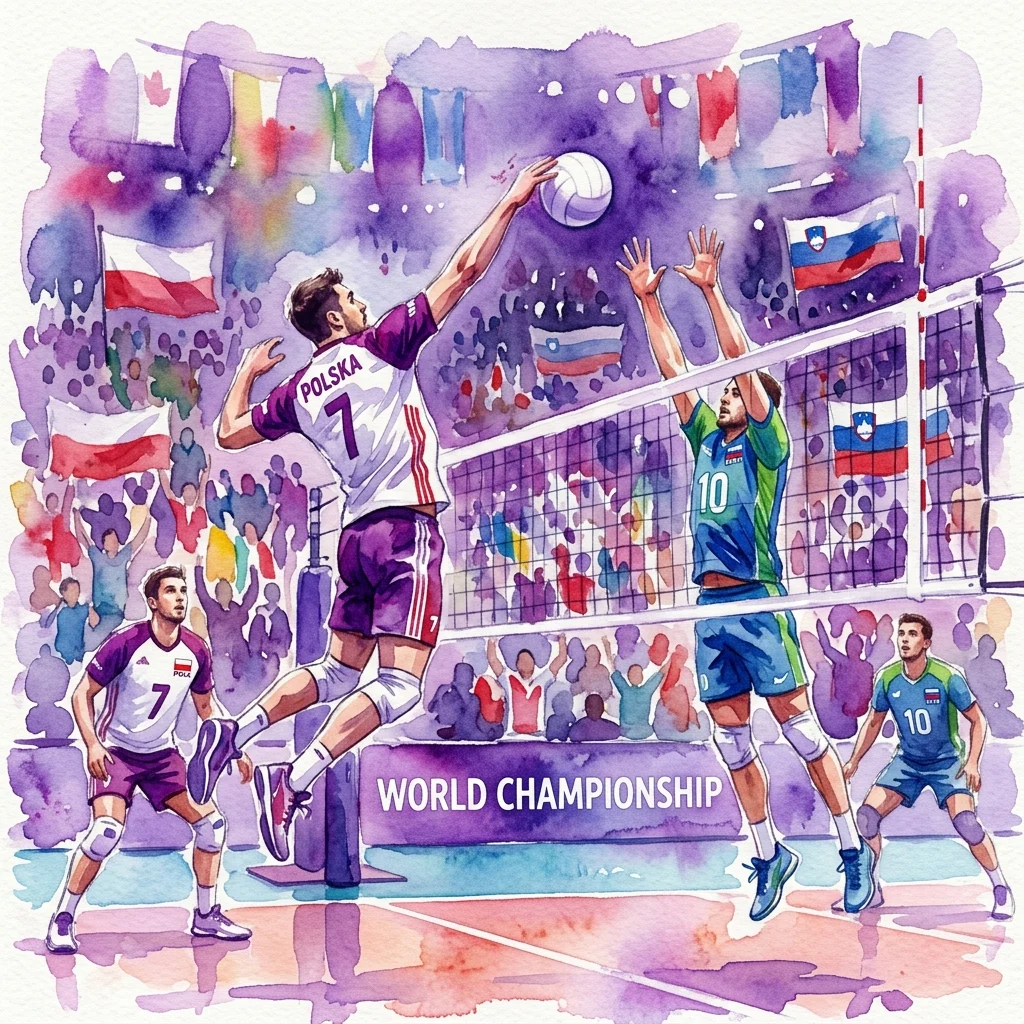 Watercolor illustration of a volleyball match during the Men's World Championship, featuring Polish and Slovenian players with their respective flags in the background, highlighting the co-hosting of the event.