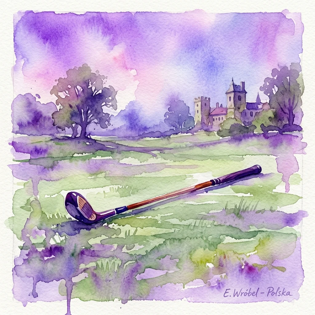 Watercolor illustration of a vintage golf club on a green fairway with a historic castle in the background, evoking the early days of golf in Poland.