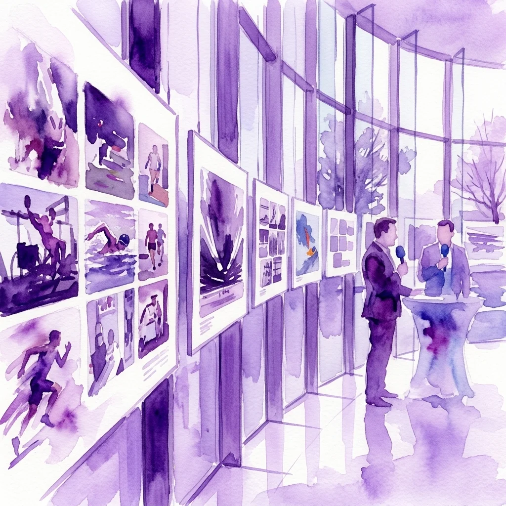 Waterverfillustratie van een sportfotografietentoonstelling met bekroonde beelden tentoongesteld aan galerijmuren, met atleten in actie en twee mensen met microfoons op een podium.