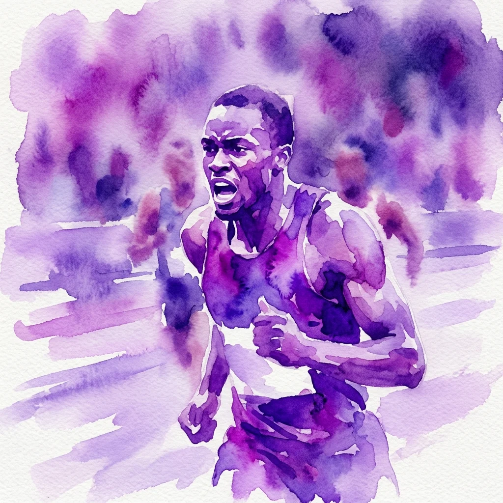 Ilustracja akwarelowa męskiego sportowca biegnącego z intensywnym wyrazem twarzy, wykonana w żywych fioletowych i białych barwach, oddająca emocje i energię rywalizacji sportowej.