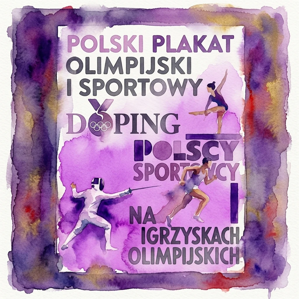 Winniczy polski plakat olimpijski i sportowy przedstawiający stylizowane sylwetki sportowców w dyscyplinach takich jak szermierka, bieganie i gimnastyka, z odważnym napisem 'POLSKI PLAKAT OLIMPIJSKI I SPORTOWY DOPING POLSCY SPORTOWCY NA IGRZYSKACH OLIMPIJSKICH' na tle fioletowej akwareli.
