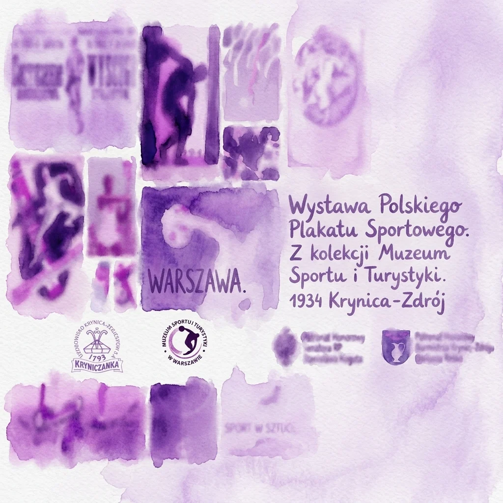 Un cartel promocional de la exposición 'Cartel Deportivo y Olímpico Polaco' del Museo de Deporte y Turismo de Varsovia, expuesto en Krynica-Zdrój en 1934, con ilustraciones deportivas vintage en un estilo de acuarela morada.