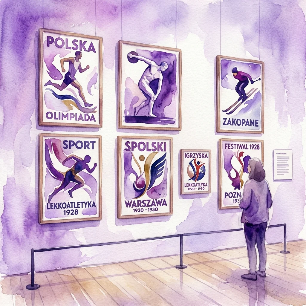 Ilustracja akwarelowa galerii muzealnej prezentującej zabytkowe polskie plakaty sportowe i olimpijskie z przełomu XIX i XX wieku, w tym tytuły takie jak 'Polska Olimpiada' i 'Lekkoatletyka 1928', z widzem oglądającym wystawę.