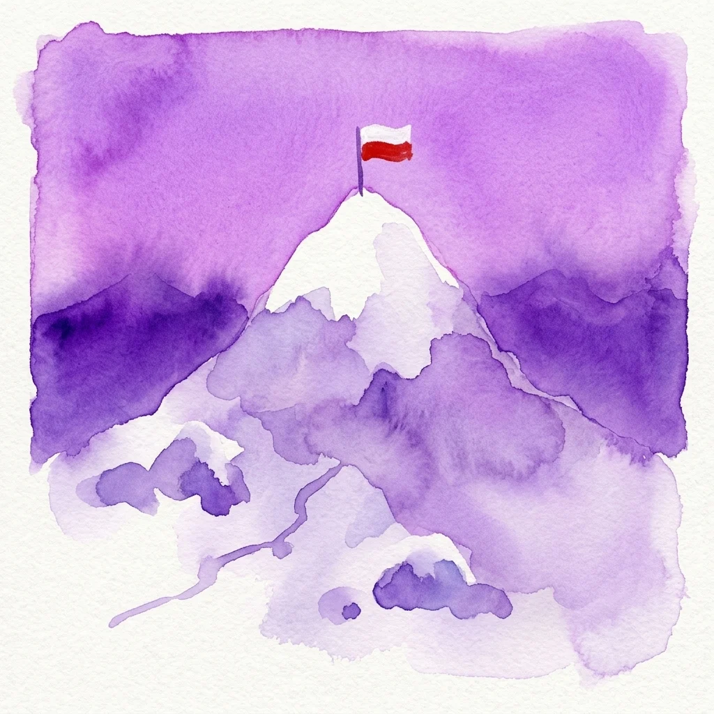 Waterverfillustratie van een besneeuwde bergtop met een Poolse vlag erop geplant, tegen een paarse hemel, die de Polskie Himalaje 2018 expeditie symboliseert.