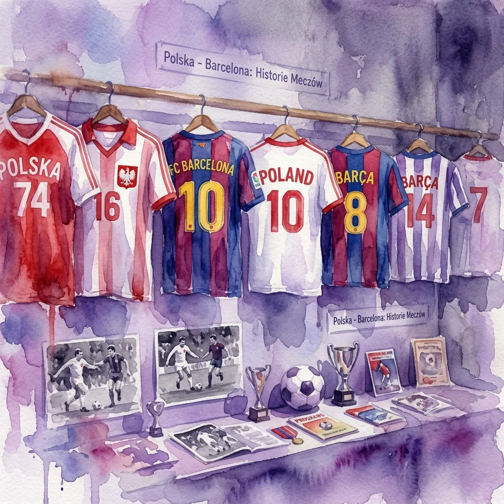 Watercolor illustration of a museum exhibit featuring vintage football jerseys from Poland and FC Barcelona, displayed with historical photos, trophies, and memorabilia from their matches between 1923 and 2018.