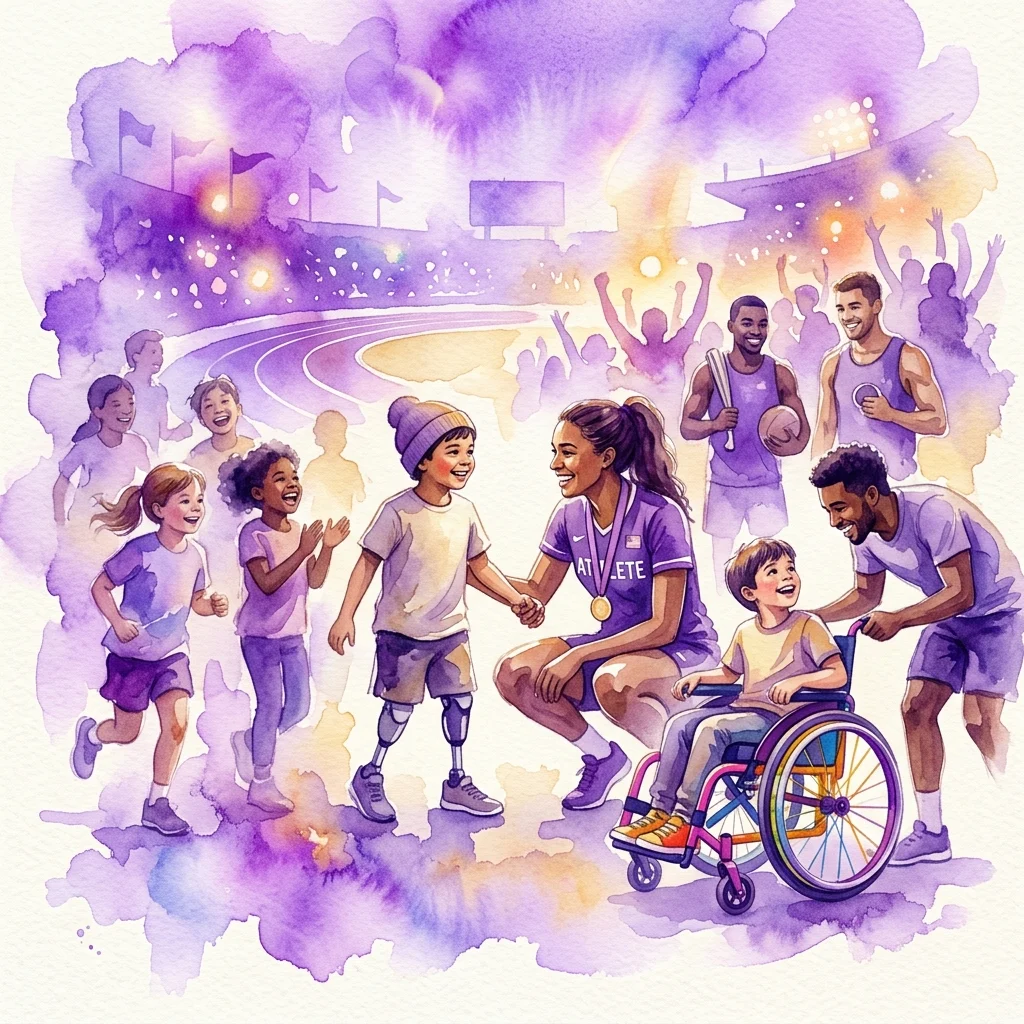Niños con discapacidades interactuando con atletas en un estadio, simbolizando la iniciativa 'Pomagamy spełniać marzenia' (Ayudando a Cumplir Sueños) del Museo de Deporte y Turismo de Varsovia.