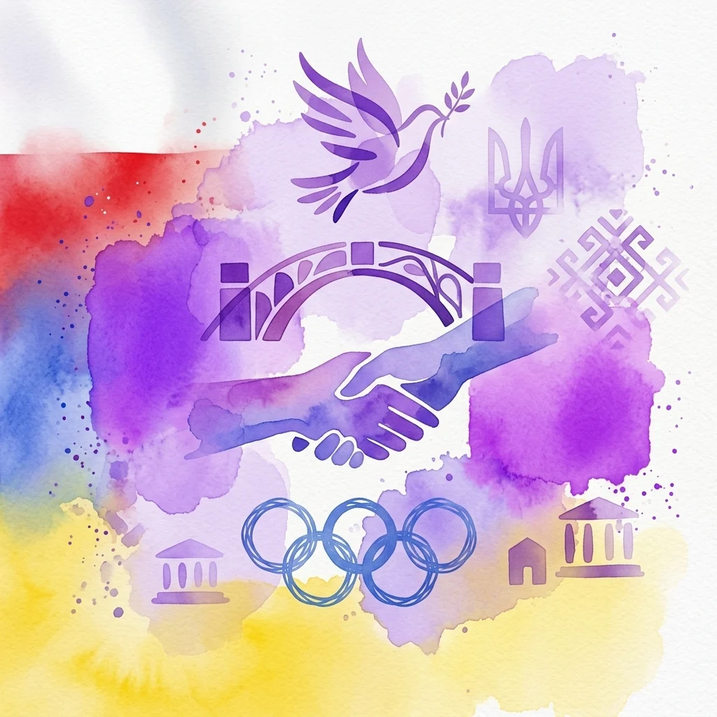 Ilustracja akwarelowa przedstawiająca uścisk dłoni symbolizujący solidarność, z pierścieniami olimpijskimi, gołębicą z gałązką oliwną, ukraińskim trójzębem i tradycyjnymi wzorami, reprezentującymi wsparcie dla dziedzictwa kulturowego Ukrainy.