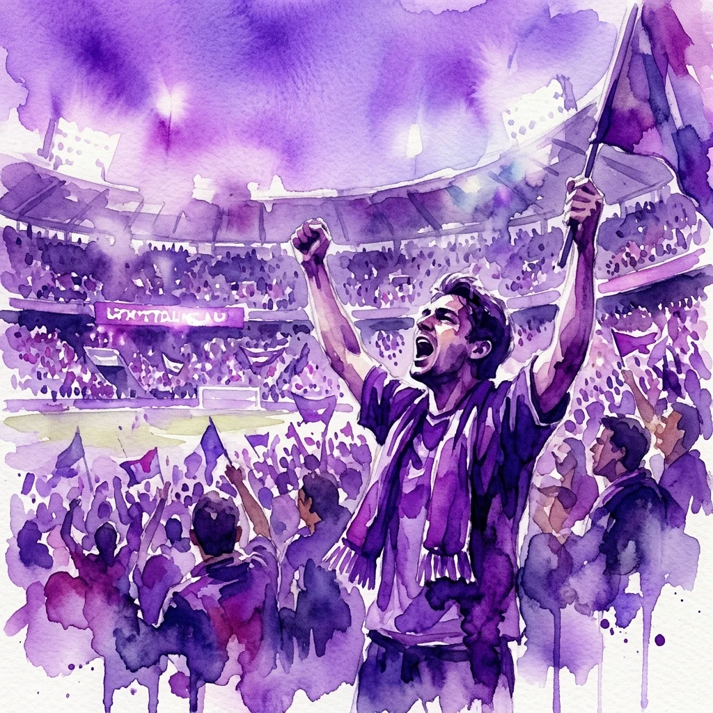 A watercolor illustration of a football fan celebrating in a stadium, surrounded by a cheering crowd under a purple sky.