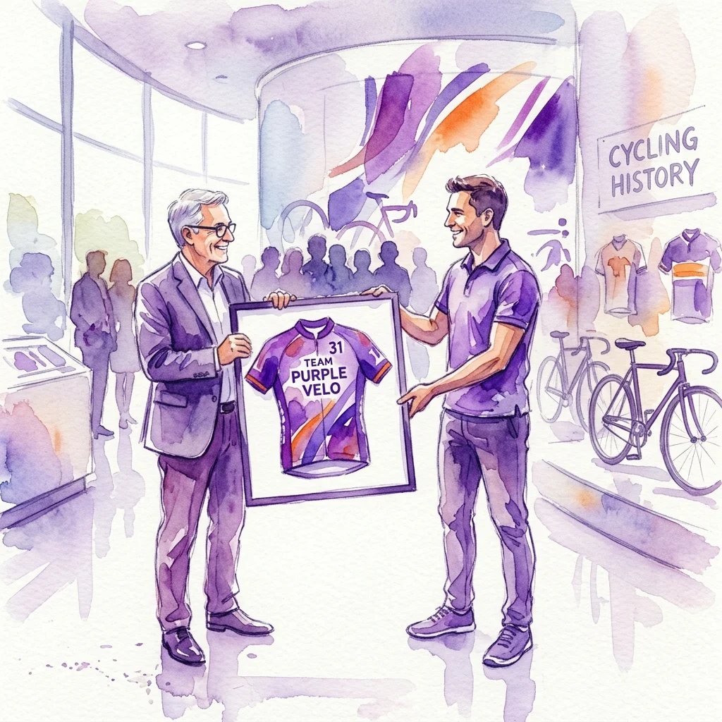 Una ilustración en acuarela de un hombre con una camisa polo morada presentando un maillot de ciclismo enmarcado a un director de museo. El maillot dice "Team Purple Velo" con el número 31. La escena se desarrolla en un museo deportivo moderno con una exposición de "Historia del Ciclismo" al fondo.
