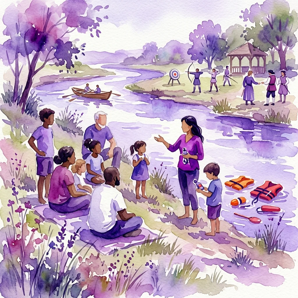 A watercolor illustration of a diverse group of children and adults participating in a water safety educational session by a river, with life jackets, a boat, and historical sport activities in the background.