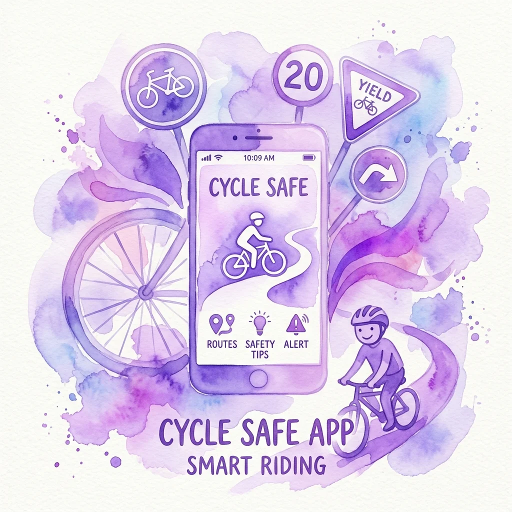 Ilustracja akwarelowa aplikacji Cycle Safe na smartfonie, otoczona znakami bezpieczeństwa rowerowego, kołem od roweru i dzieckiem jeżdżącym na rowerze, promująca inteligentną i bezpieczną jazdę na rowerze.