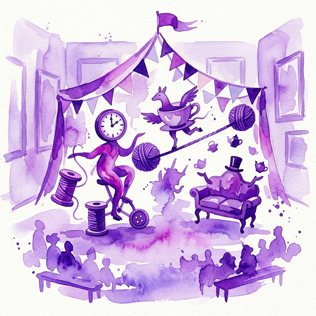 A surreal purple watercolor illustration of a circus scene with fantastical creatures, a clock-headed performer, and a teacup horse, set within an art gallery.