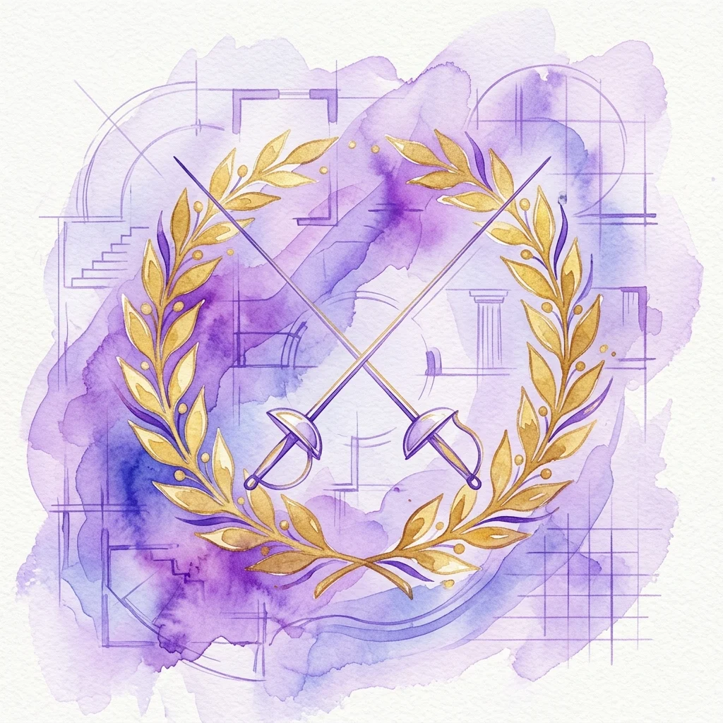 Een aquarelillustratie van een gouden laurierkrans rond twee gekruiste schermdegen, geplaatst tegen een paarse architectonische bouwtekeningachtergrond, die de Gouden Laurier van de Olympische prijs symboliseert.