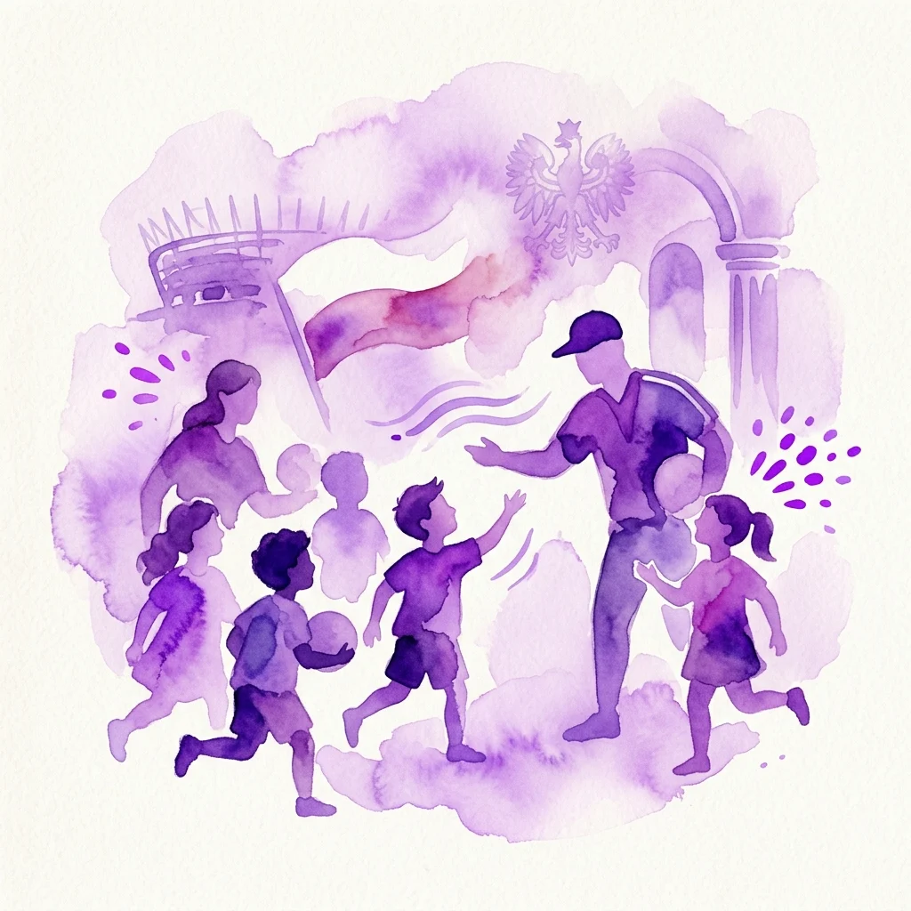 A watercolor illustration of children playing football with a coach, surrounded by symbols of Polish sports history including the national flag and eagle, representing an educational program honoring Kazimierz Górski.