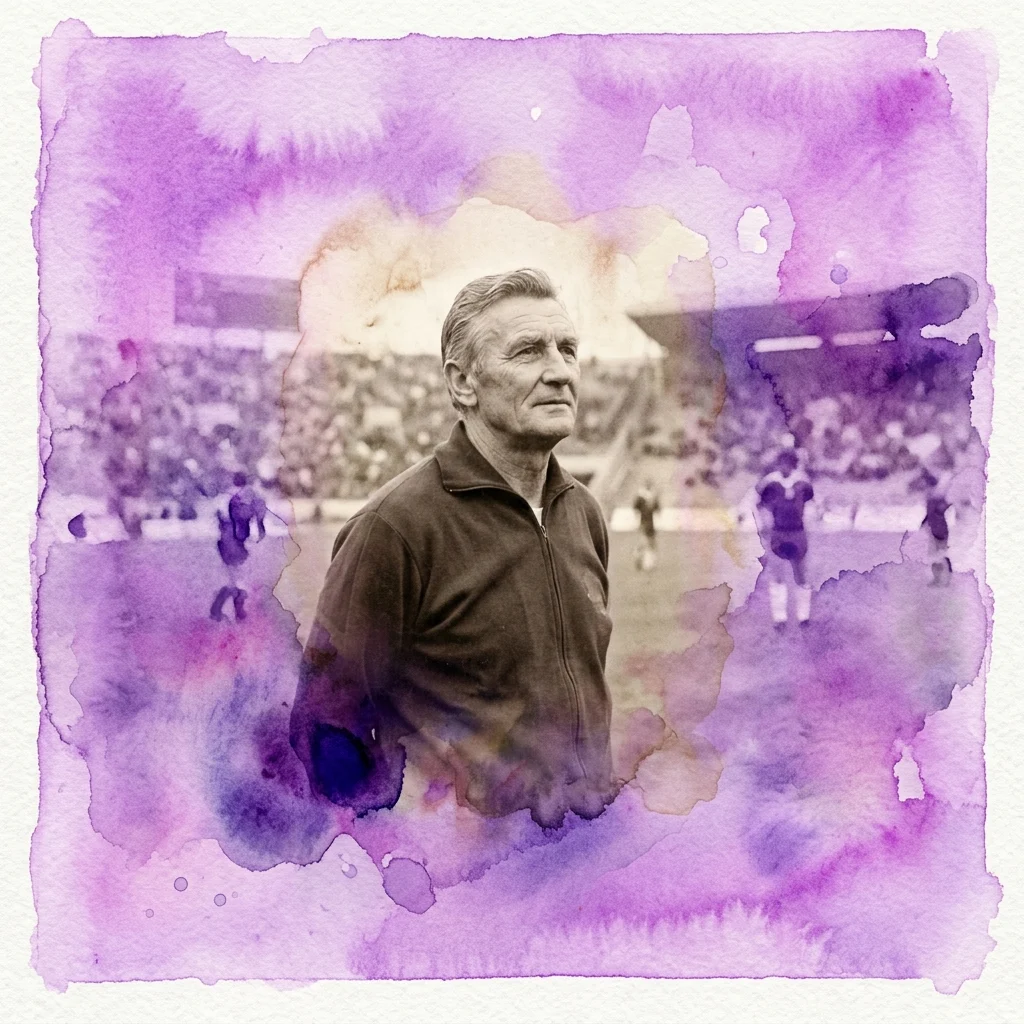 Portret Kazimierza Górskiego, polskiego trenera piłkarskiego, na sepiowym zdjęciu z fioletową nakładką akwareli, na tle stadionu.