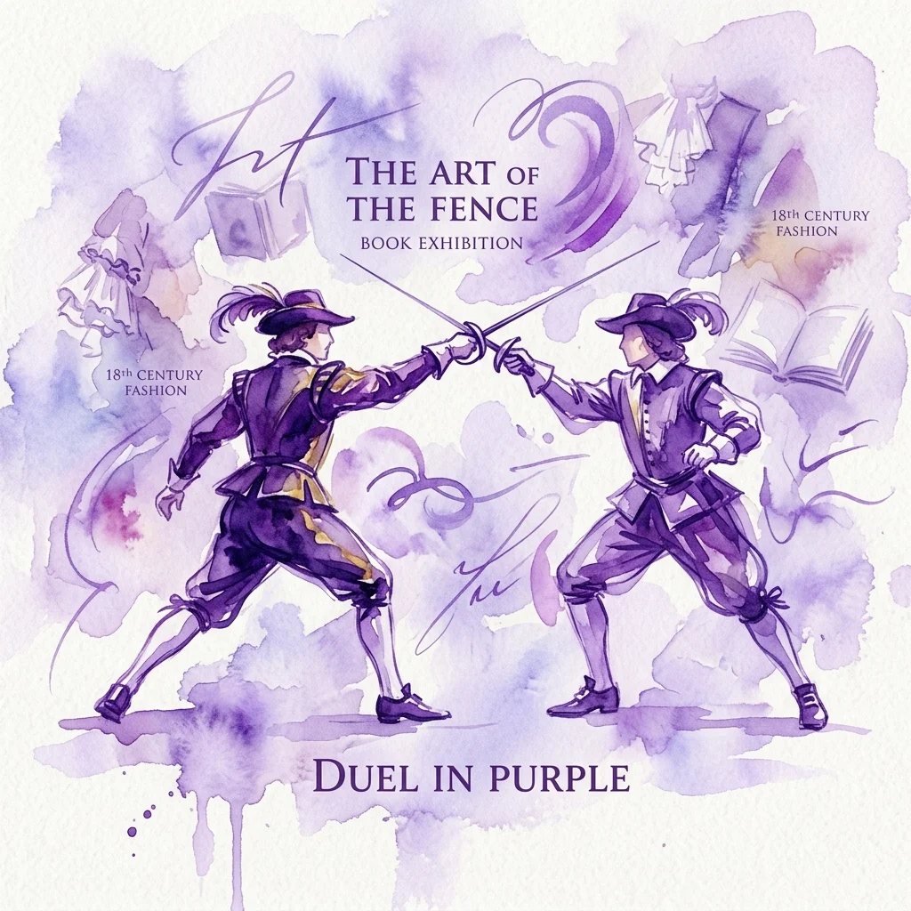 Waterverfillustratie van twee mannen in 18e-eeuwse schermkleding die een duel uitvoeren, met tekst ter promotie van de boekenexpositie 'The Art of the Fence' en het evenement 'Duel in Purple'.