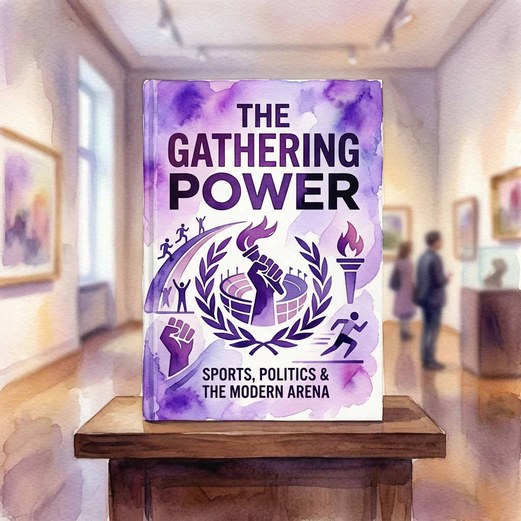 Książka zatytułowana 'The Gathering Power: Sports, Politics & The Modern Arena' wyeksponowana na drewnianym postumencie w galerii muzealnej z odwiedzającymi w tle.