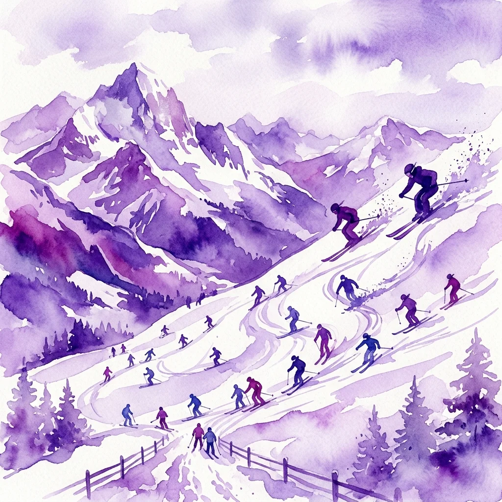 Waterverfillustratie van skiërs die een besneeuwde berghelling afdalen, met verschillende vaardigheidsniveaus van beginners tot professionals tegen een achtergrond van paarsgetinte alpenpieken.