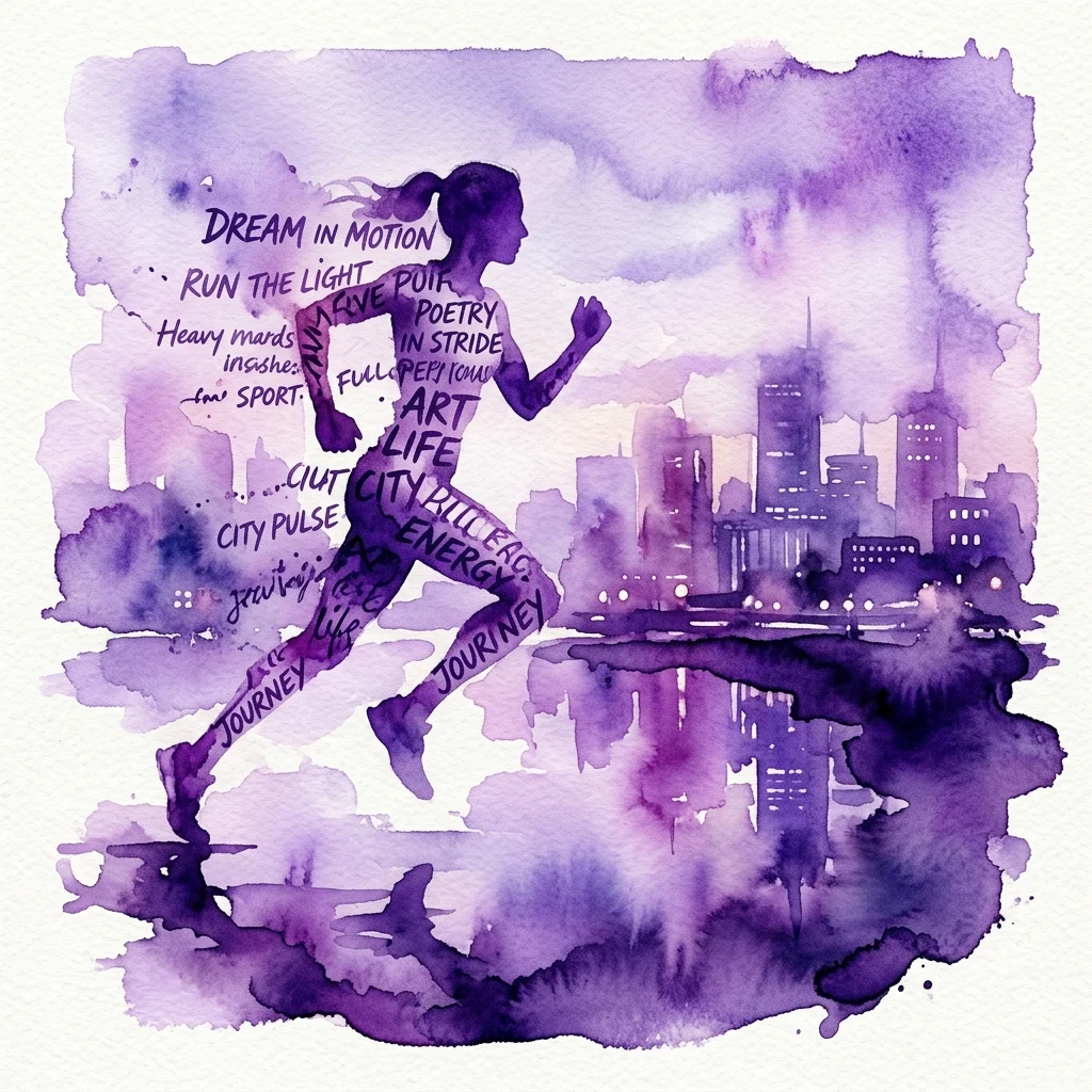 Una ilustración acuarela púrpura de la silueta de un corredor compuesta por palabras como 'poesía', 'arte', 'vida' y 'viaje', con un paisaje urbano al anochecer reflejado en el agua, simbolizando la intersección del deporte y el arte.