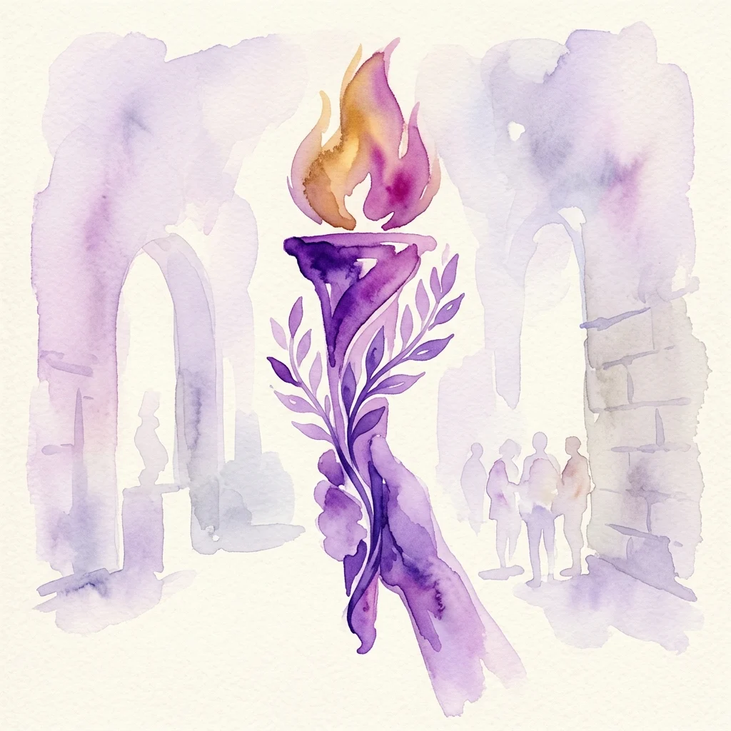 Watercolor illustration of an Olympic torch with a leaf motif, symbolizing peace, being presented in a museum setting with silhouetted figures in the background.