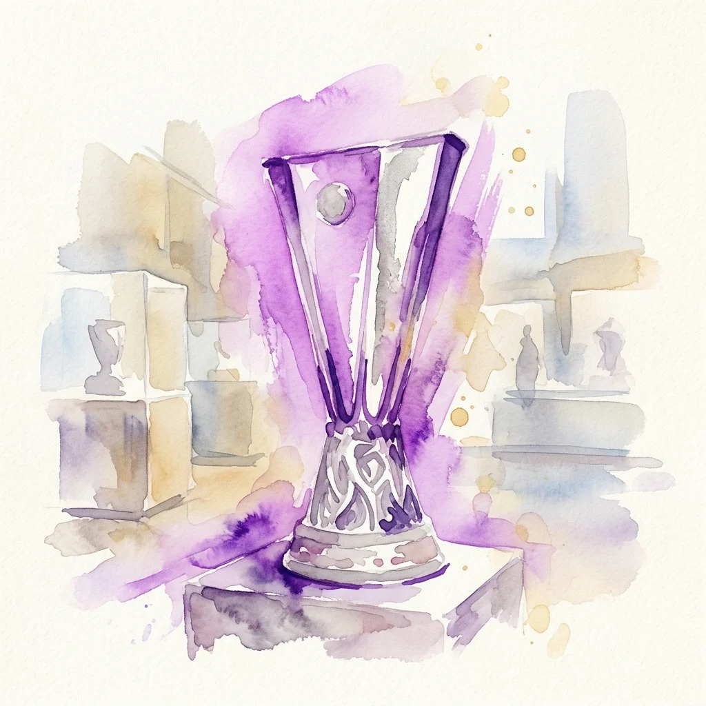 Ilustración en acuarela del trofeo de la UEFA Europa League expuesto en un museo, con tonos púrpuras y dorados que resaltan su copa de plata y base de mármol.