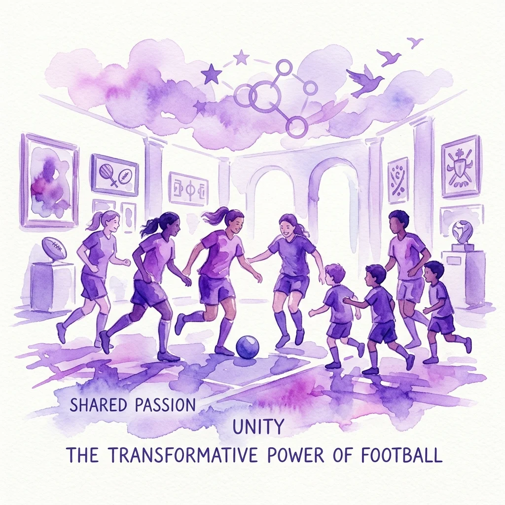 Een aquarelillustratie van vrouwen en jonge jongens die in een museumgalerij voetbal spelen, omringd door sportmemorabilia en ingelijste tentoonstellingen, met tekst die gedeelde passie en eenheid door voetbal benadrukt.