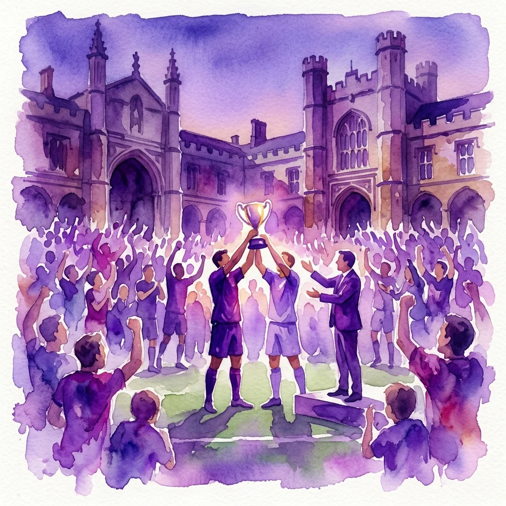 Ilustracja akwarelowa przedstawiająca drużynę piłkarską świętującą zwycięstwo przez podniesienie trofeum przed wiwatującymi tłumami na tle zabytkowego budynku, reprezentująca wygraną Muzeum Sportu i Turystyki w XI Turnieju Piłkarskim Muzeów w Krakowie.