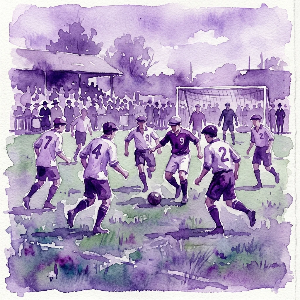 Ilustracja akwarelowa zabytkowego meczu piłki nożnej z zawodnikami w strojach z początku XX wieku, na trawiastym boisku z widzami, odzwierciedlająca wystawę Retro Liga w Muzeum Sportu i Turystyki w Warszawie.