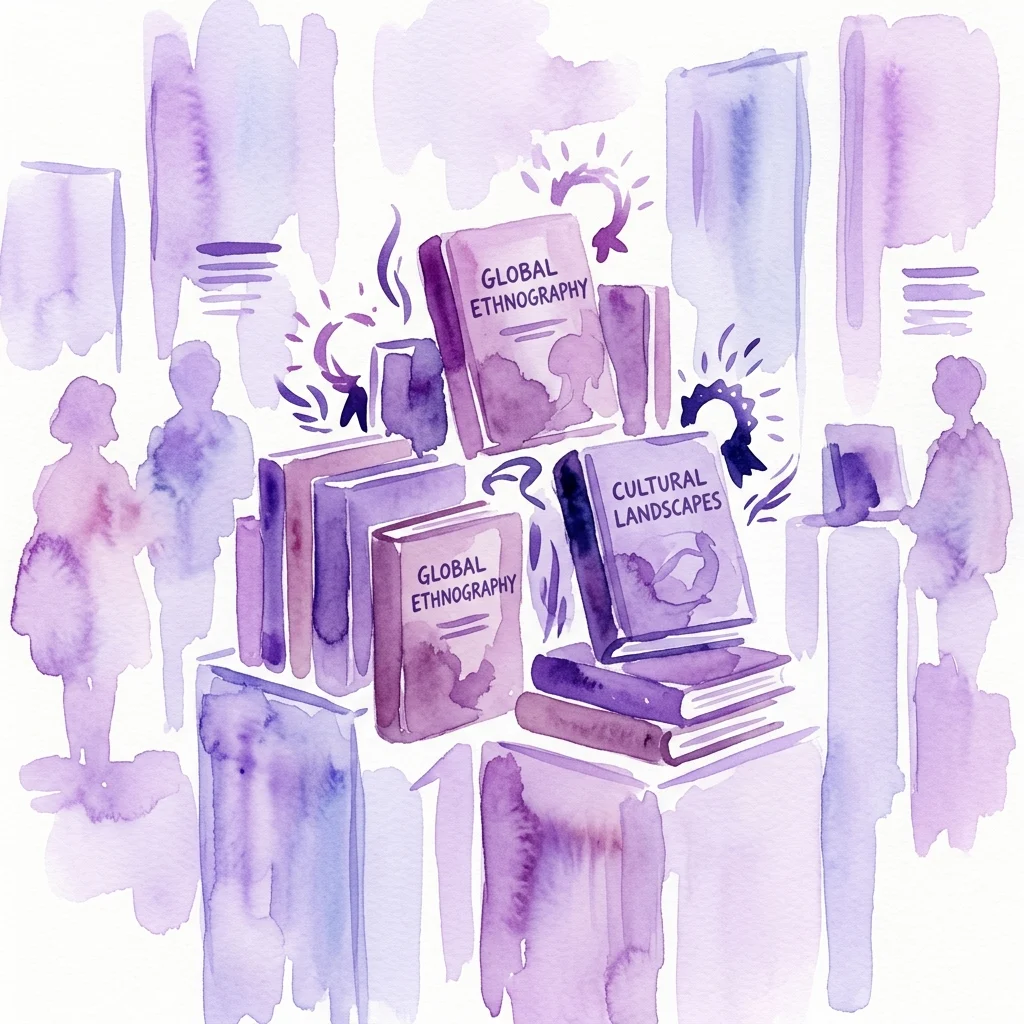 Watercolor illustration of award-winning books on tourism and ethnography, including titles like 'Global Ethnography' and 'Cultural Landscapes', displayed in a gallery setting with silhouettes of visitors.
