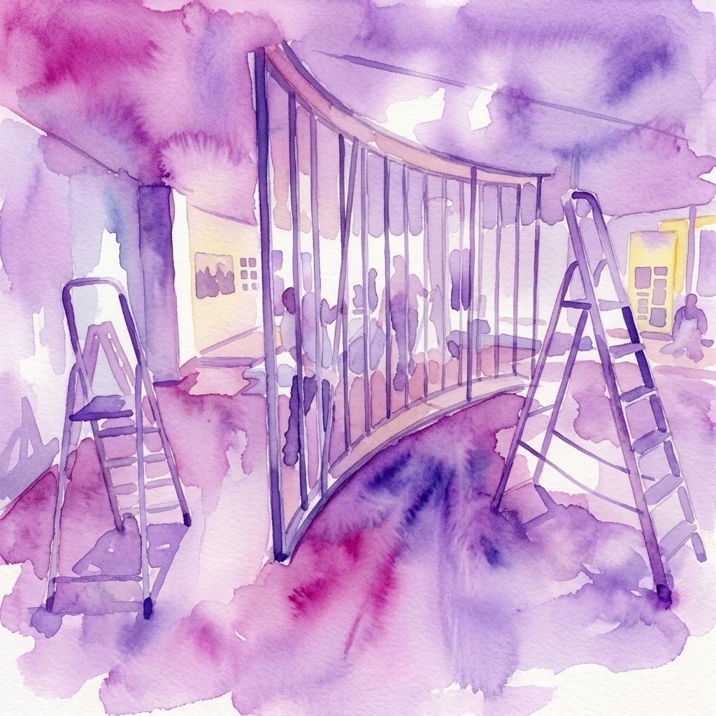 Watercolor illustration of a museum gallery under renovation, featuring scaffolding, ladders, and protective coverings, indicating preparation for a revitalized permanent exhibition.