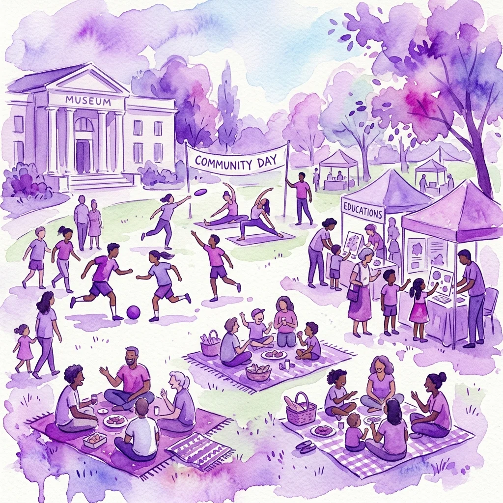 A vibrant watercolor illustration of a community picnic event at a museum, featuring diverse families enjoying sports, games, and educational activities in a park-like setting.