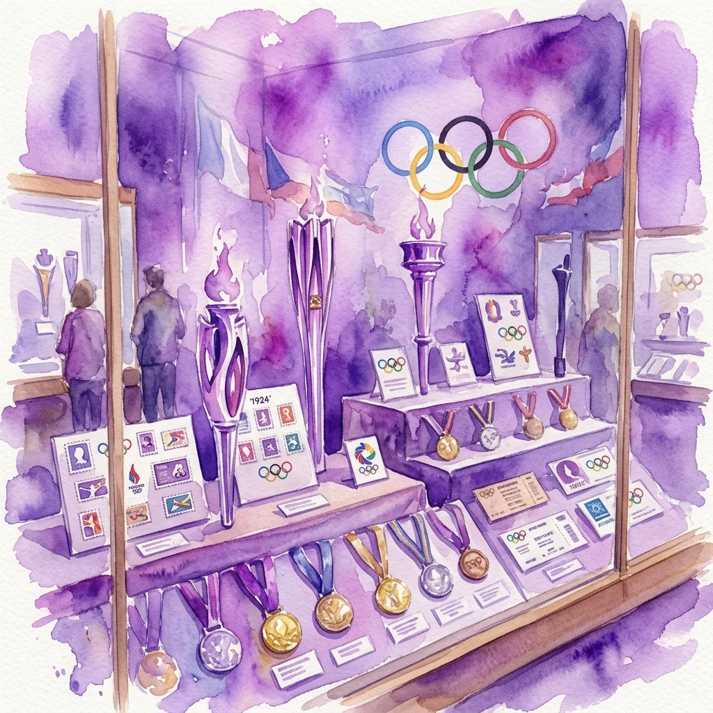 Ilustracja akwarelowa wystawy pamiątek olimpijskich przedstawiająca pochodnie, medale, znaczki i bilety wyeksponowane w gablocie muzealnej z pierścieniami olimpijskimi w tle.