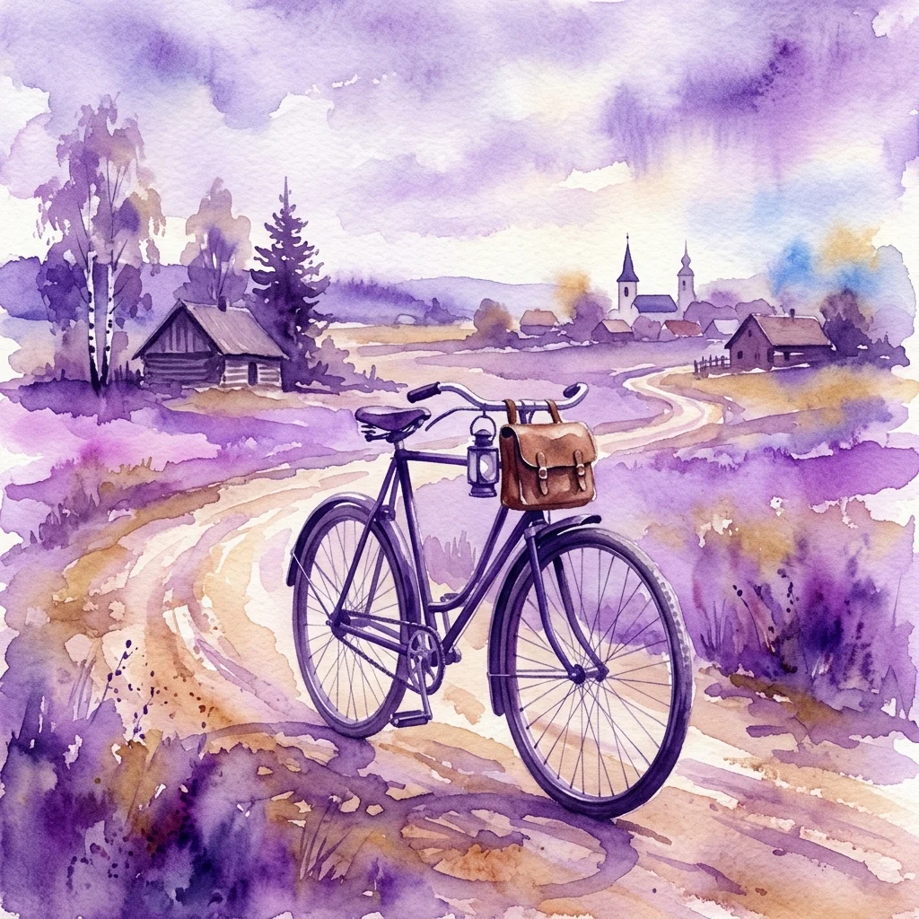 A vintage bicycle with a leather satchel and lantern, parked on a dirt road in a rural landscape with a village and church in the background, painted in watercolor.