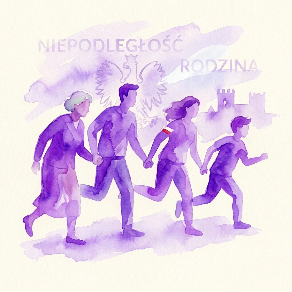 Ilustracja akwarelowa przedstawiająca rodzinę biegnącą razem w odcieniach fioletu, z polskimi słowami 'NIEPODLEGŁOŚĆ' (Niepodległość) i 'RODZINA' (Rodzina) oraz polskim godłem orła w tle.