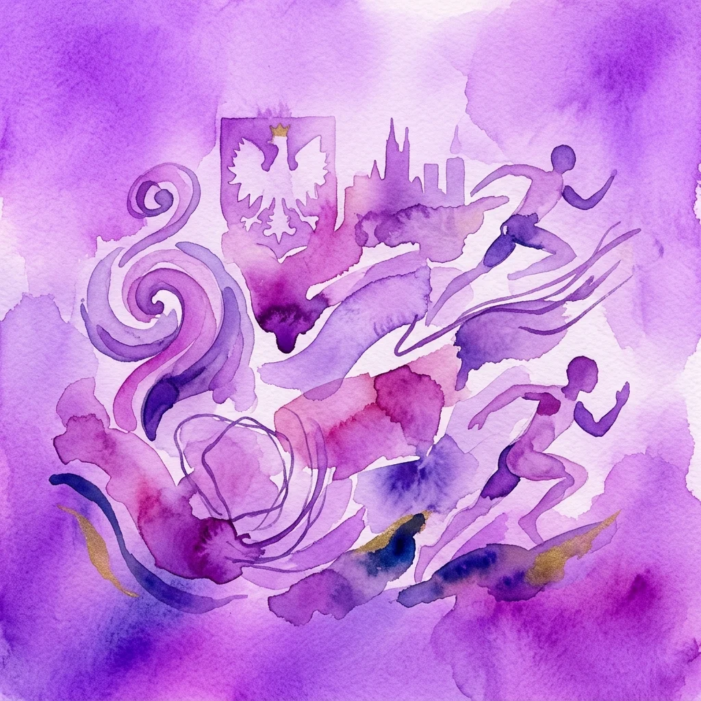 Een paars aquarel kunstwerk met silhouetten van sporters in beweging, een Pools wit-adelaar-embleem en wervelende abstracte elementen, dat de 'Sportowy Bohater Niepodległej' kunstwedstrijd vertegenwoordigt.