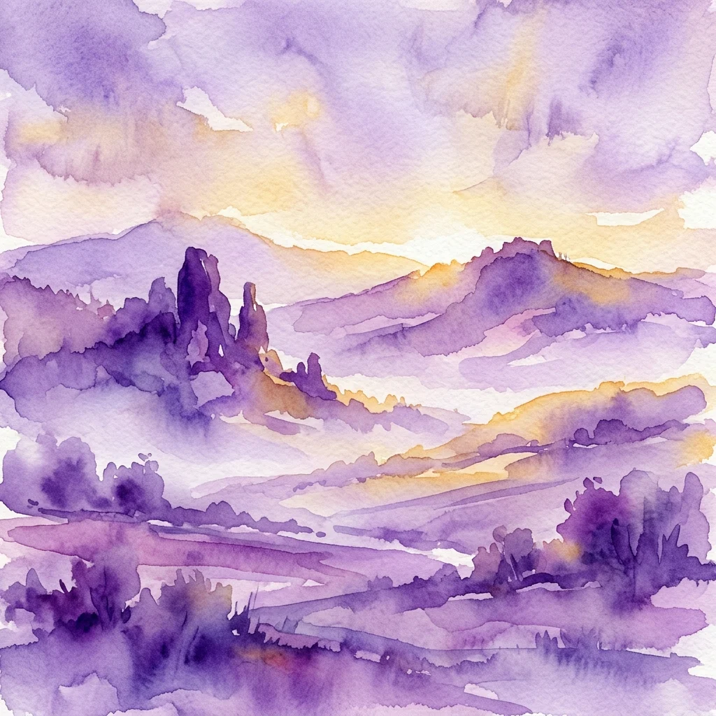 Een aquarel van het Rudawy Janowickie-gebergte bij zonsopgang, met paarse en gouden tinten, mistige heuvels en rotsformaties, die de natuurlijke schoonheid van de Westelijke Sudeten oproept.