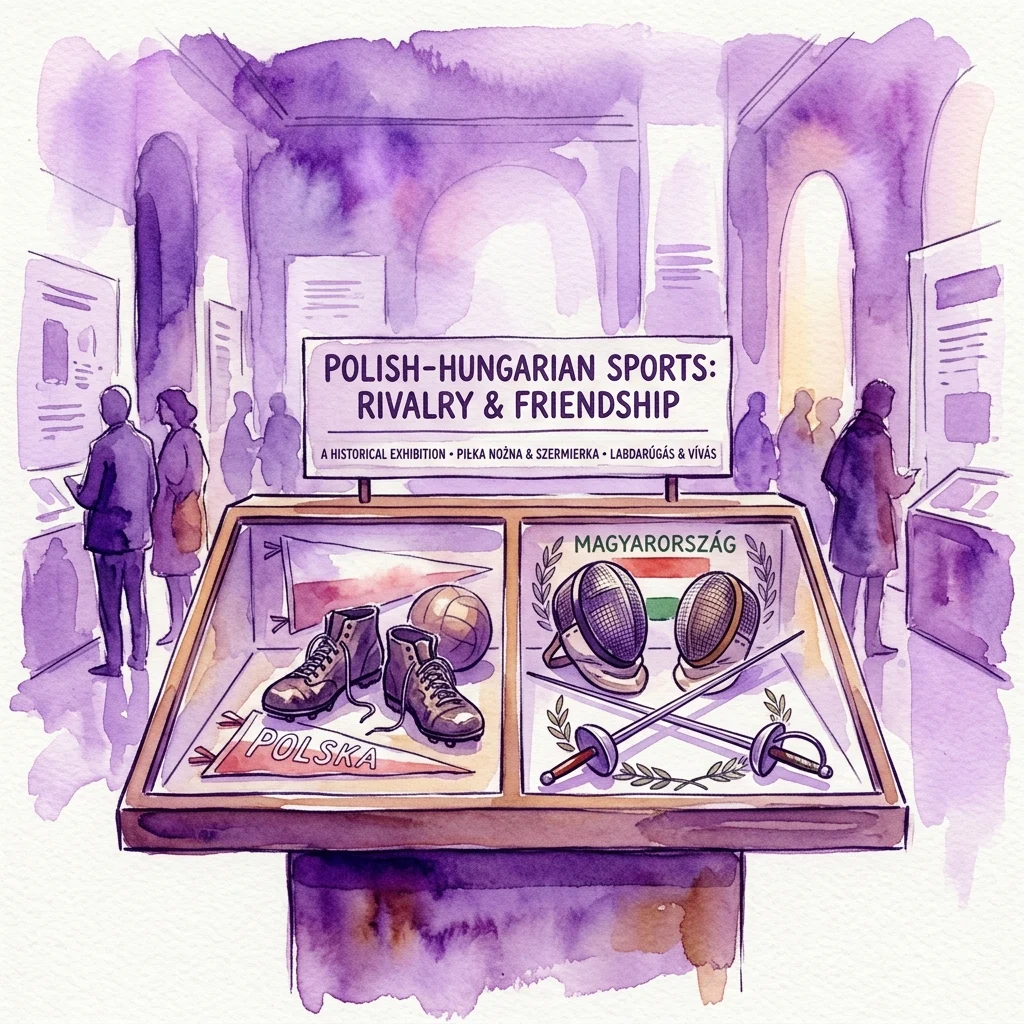 A watercolor illustration of a museum exhibition display featuring vintage football boots and fencing gear, representing Polish-Hungarian sports rivalry and friendship.