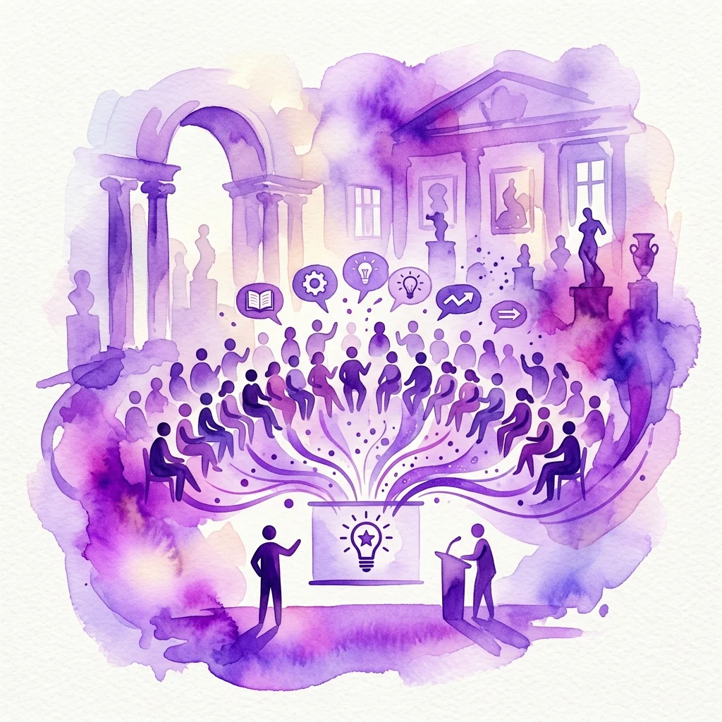 Una ilustración en acuarela morada de un seminario con miembros de la audiencia, oradores e íconos que representan educación e ideas, ambientada en un museo.